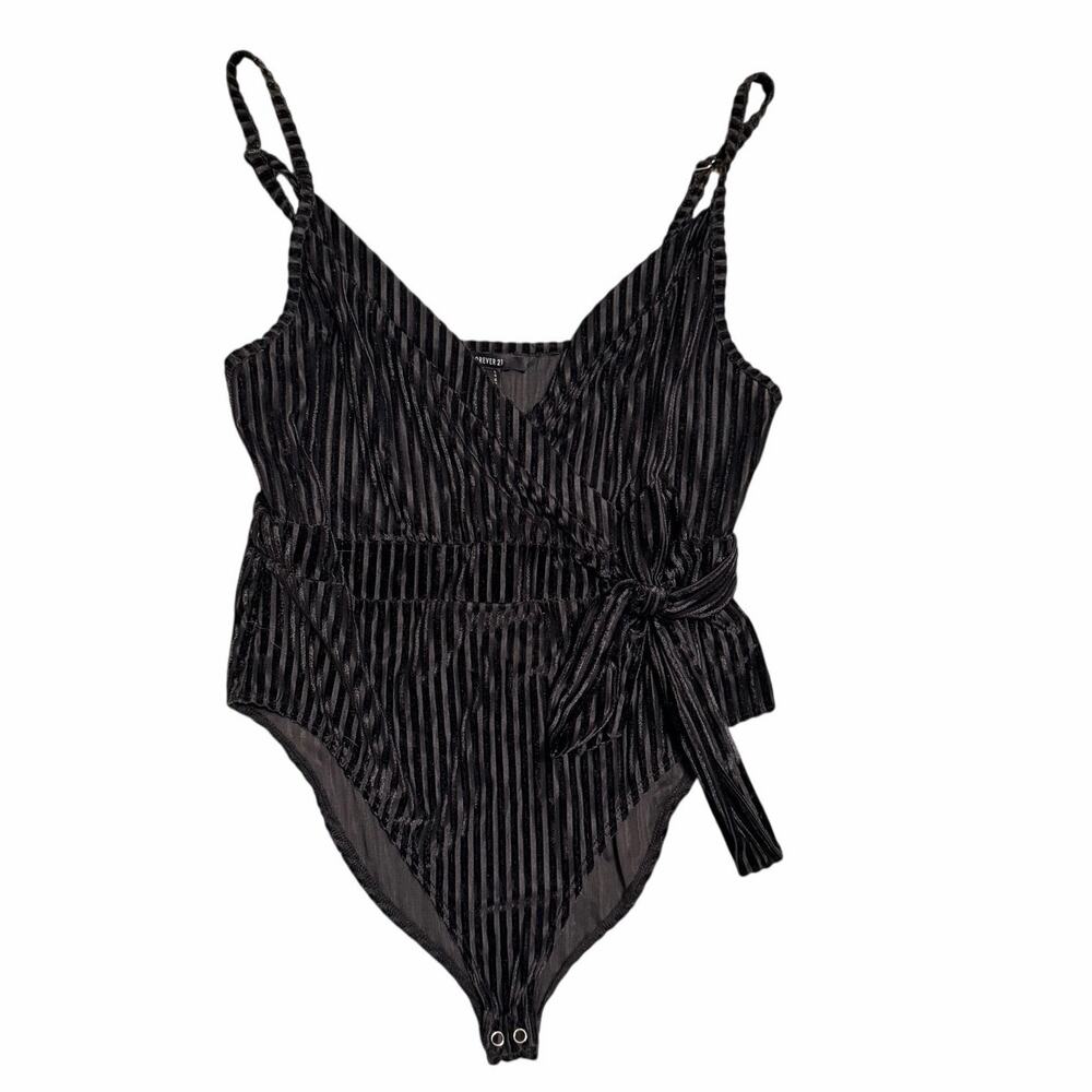 Forever 21 Black Velvet Striped One Shoulder Bodysuit Large Y2K